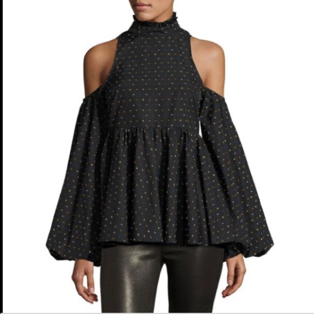 Caroline Constas Cold Shoulder Blouse Color: Black + Colored Print Size: Medium